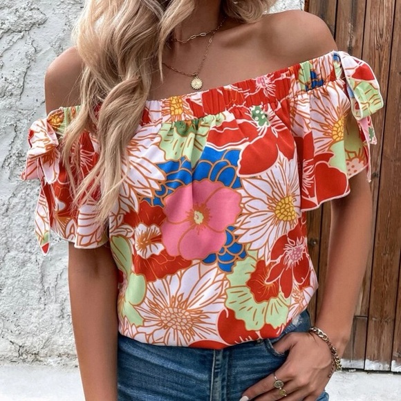 Boho floral print off shoulder blouse - Picture 6 of 6